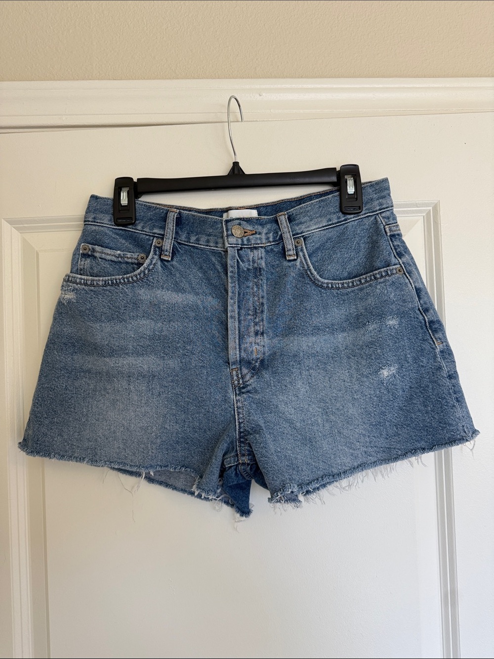 Rails Fairfax Cutoff Shorts, high rise, button fly, raw hem